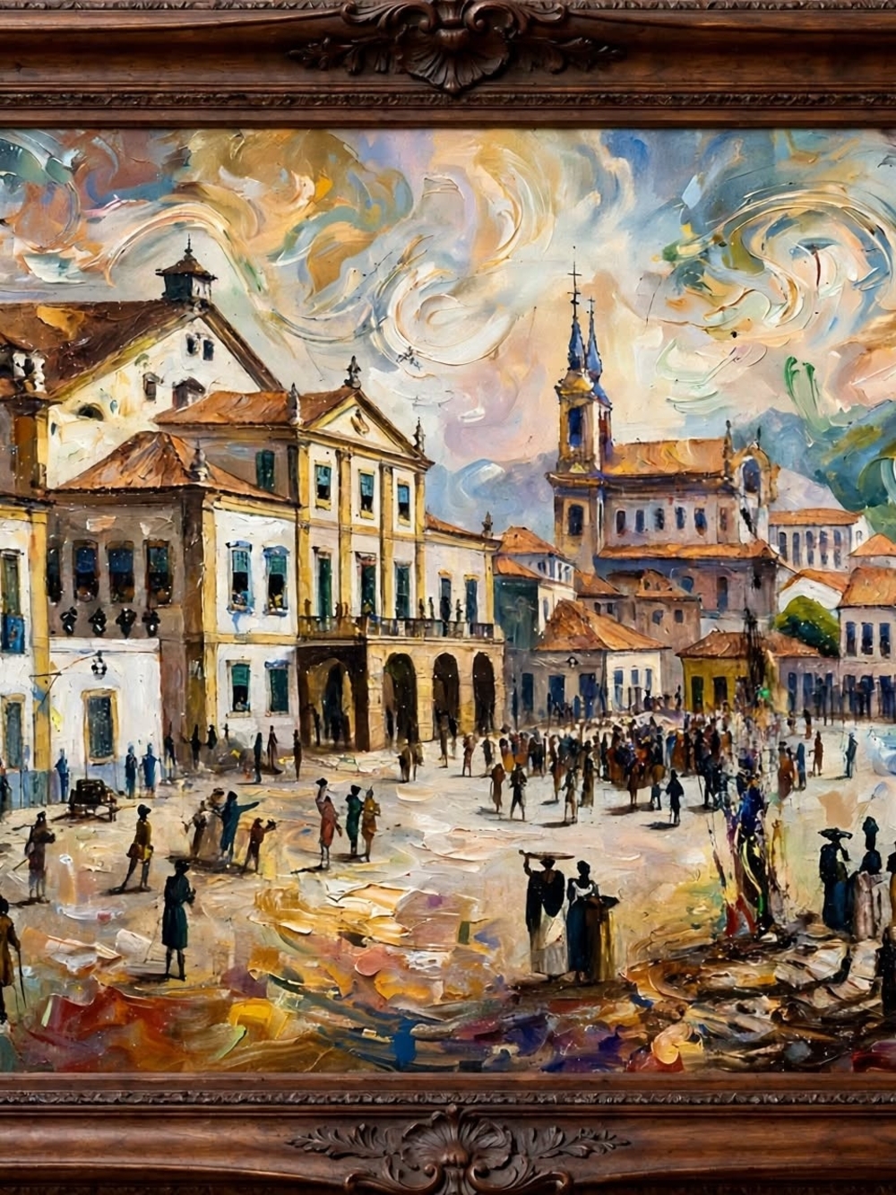 Vintage-Style Town Square Oil Painting Print in Multicolor by